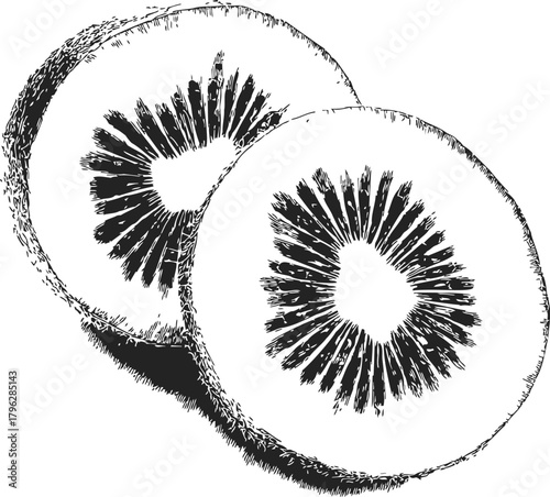 Kiwi fruit slices sketch hand drawn style detailed cross section — stock vector