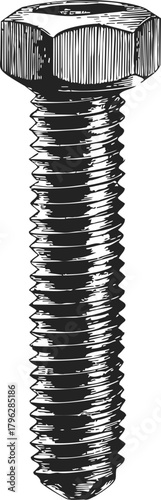 Hex bolt sketch, hand drawn style, detailed threaded fastener illustration — stock vector