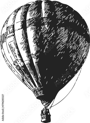 Hot air balloon sketch, hand drawn style with detailed shading and basket — stock vector