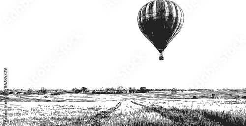 Hot air balloon sketch, hand drawn style over rural landscape with open fields — stock vector