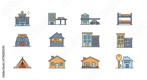 Collection of various accommodation icons, including hotel, house, motel, hostel, tent, and vacation rental