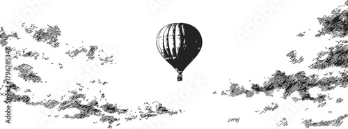 Hot air balloon sketch, hand drawn style, floating above clouds in open sky — stock vector