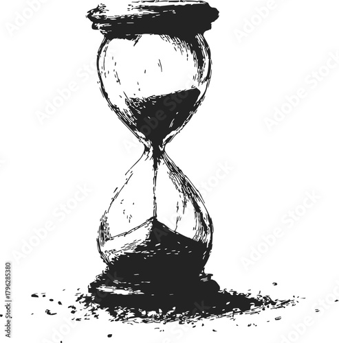 Hourglass sketch hand drawn with sand falling and scattered grains — stock vector