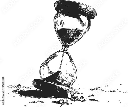 Hourglass sketch hand drawn style with broken base and scattered sand — stock vector