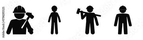 Four construction worker icons demonstrating different poses and tools for industrial projects