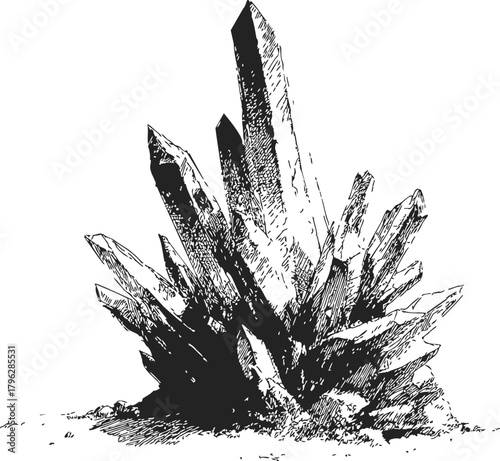 Crystal cluster sketch, hand drawn style, detailed mineral formation on white — stock vector