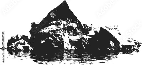 Rock formation sketch, hand drawn vector, jagged mountain reflected in water — stock vector