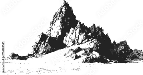 Mountain peak sketch, hand drawn rocky landscape with sharp ridges and shaded slopes — stock vector