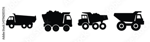 Set of four black silhouette dump trucks with different loads and wheel configurations displayed horizontally