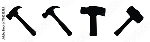 Four black silhouette hammers displayed side by side showing different angles and positions