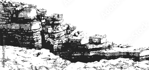 Rock formation sketch, hand drawn cliff with layered stone texture — stock vector