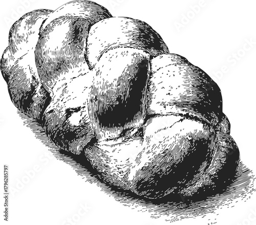 Braided bread sketch, hand drawn style, rustic loaf with detailed shading — stock vector