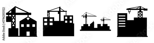 Collection of construction site icons showing cranes and buildings in silhouette style