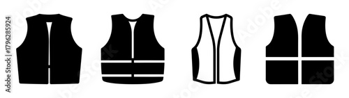 Collection of four safety vest icons showcasing different styles and reflective details for visibility