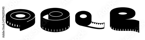 Collection of black measuring tapes showcasing various stages of unrolling and coiling