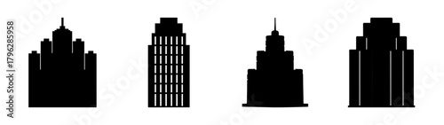 Set of black silhouette skyscraper icons representing urban architecture and cityscapes