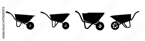 Four silhouette wheelbarrow icons showing different designs and styles for garden or construction work