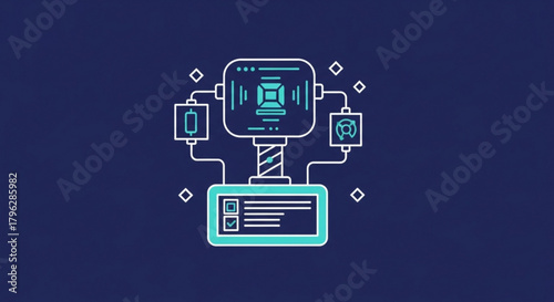 Abstract illustration of a futuristic machine with glowing lights and intricate details on a dark blue background