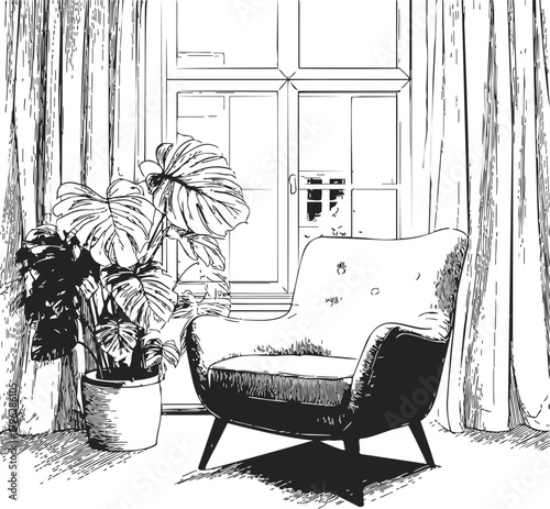 Armchair sketch hand drawn in cozy living room with potted plant by window — stock vector
