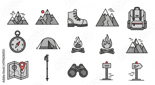 Collection of hiking and camping icons, including mountains, boots, backpacks, compasses, tents, campfires, maps, and binoculars, for outdoor adventure themes