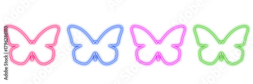 Neon glowing butterfly vector icons set, insect, animal, nature, delicate, beauty, spring, colorful, vibrant, outlines, line art, on transparent background.