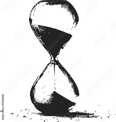 Hourglass sketch hand drawn style with sand flowing and scattered grains — stock vector