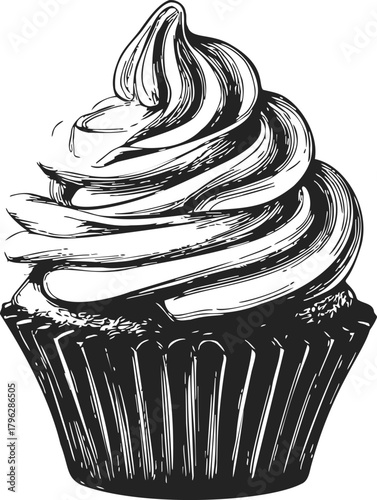 Cupcake sketch hand drawn style with detailed frosting swirl — stock vector