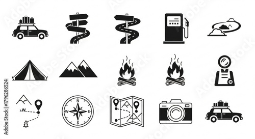 Set of black and white travel and camping icons, including car, signpost, gas station, mountain, tent, campfire, compass, map, and camera