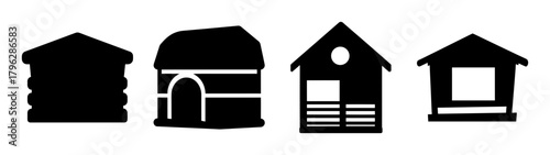 Four black silhouettes of rustic chicken coops with different architectural styles