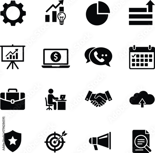 Business and finance icon set, marketing, teamwork, communication, data analysis, technology, planning, and office management concept symbols