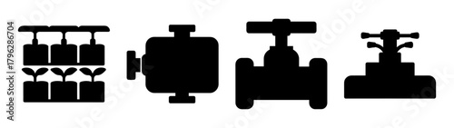 Collection of industrial valves and sprinkler system components silhouettes for engineering and design