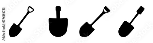 Collection of four diverse spade and shovel icons for gardening and construction projects