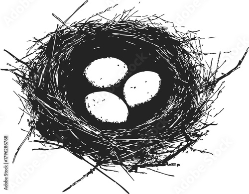 Bird nest sketch, hand drawn style with three eggs in twigs — stock vector