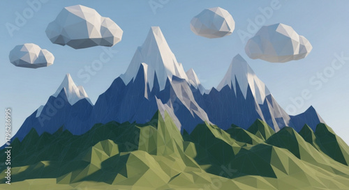 Low poly mountain range with snowcapped peaks and fluffy clouds against a blue sky, creating a serene and stylized landscape scene