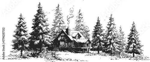 Cabin in snowy forest, sketch hand drawn style, surrounded by pine trees — stock vector