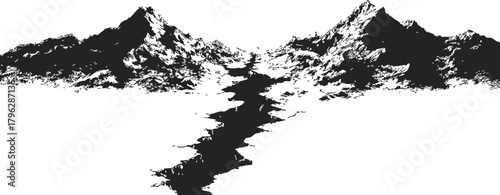 Mountain range sketch, hand drawn style with river valley foreground — stock vector