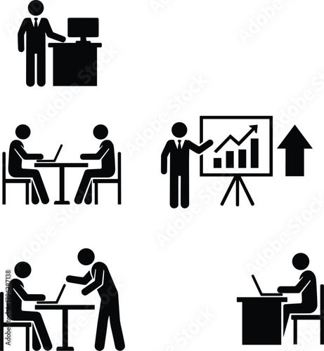 Business meeting and presentation icons showing teamwork, collaboration, productivity, office management, and growth success concept in modern workplace illustration