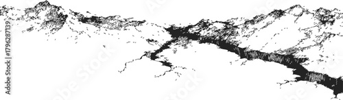 Mountain range sketch, hand drawn river valley landscape with rugged peaks — stock vector