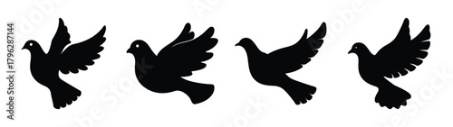 Four silhouetted peace doves flying in sequence simple black shapes iconic symbolism