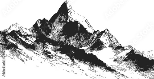 Mountain range sketch, hand drawn black and white rugged peaks — stock vector