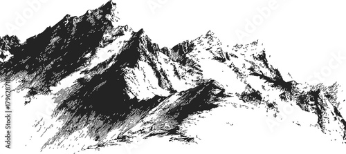 Mountain range sketch, hand drawn style, rugged peaks and rocky slopes — stock vector