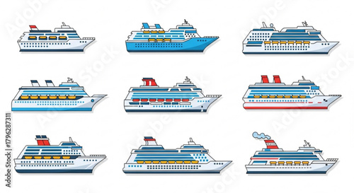 Set of cruise ships, showcasing various designs and sizes, perfect for travel brochures, website banners, and promotional materials