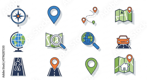 Navigation and location icons a set of compass, map, pin, globe, car, and road icons for travel and direction finding