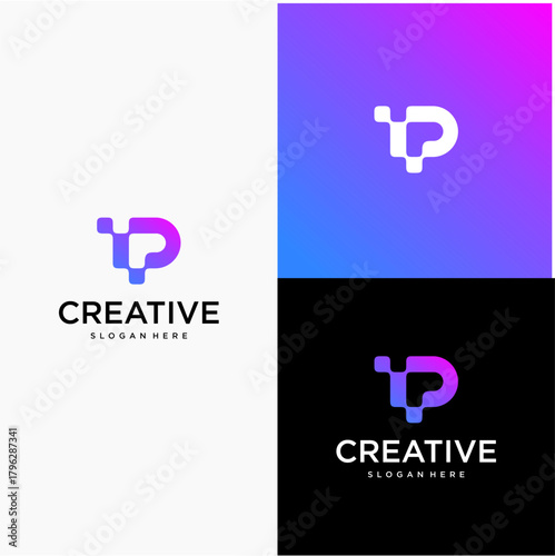This logo features a modern, geometric monogram that combines shapes to form a stylized “P”, with small square-like extensions that give it a tech-inspired, digital feel.