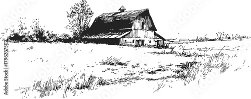 Barn sketch hand drawn rural landscape with old wooden barn and field — stock vector