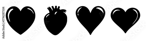 Four black heart shapes including anatomical heart representing compassion and love