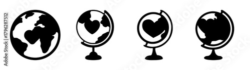 Charming globes heart earth planet icons set love world geography education concept