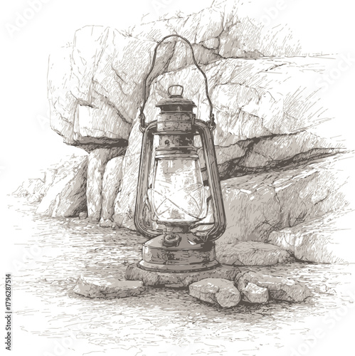 Kerosene lantern, hand drawn sketch, vintage camping light in rocky wilderness — stock vector