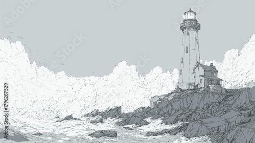 Lighthouse sketch, hand drawn on rocky coast with waves and cloudy sky — stock vector