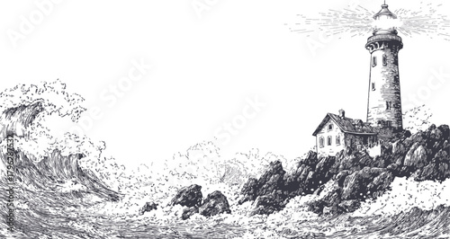 Lighthouse sketch, hand drawn style, standing on rocky shore with crashing waves — stock vector
